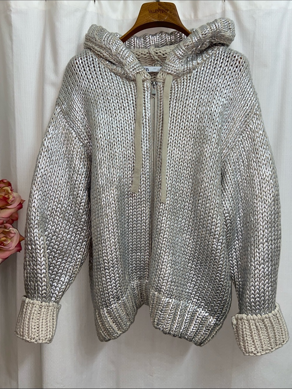 Zara Gorgeous Metallic Knit Silver Coated Chunky Zip-Up Hoodie Sweater